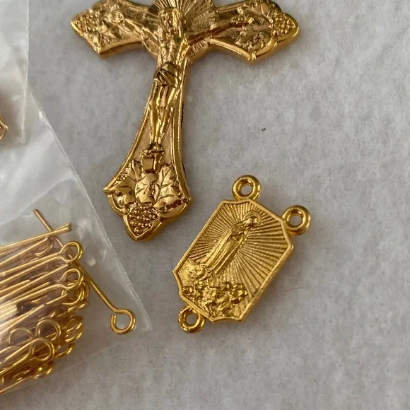 Gold Plated Rosary Pieces Religious Jewelry Set Cross - Picture 3 of 5